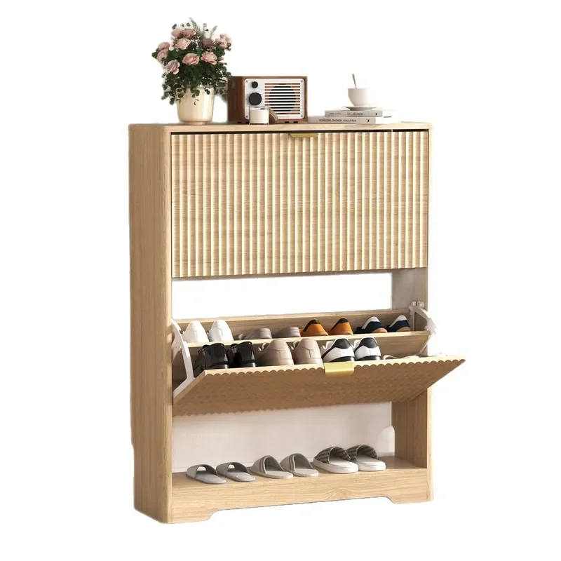 Wooden Double Layer Tipping Bucket Shoe Cabinet Entryway Storage Rack Log Color Porch Organizer