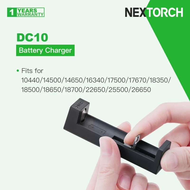 Nextorch DC10 Battery Charger for Flashlights, Fits for 10440/14500/14650/16340/18350/18650/26650 Etc.