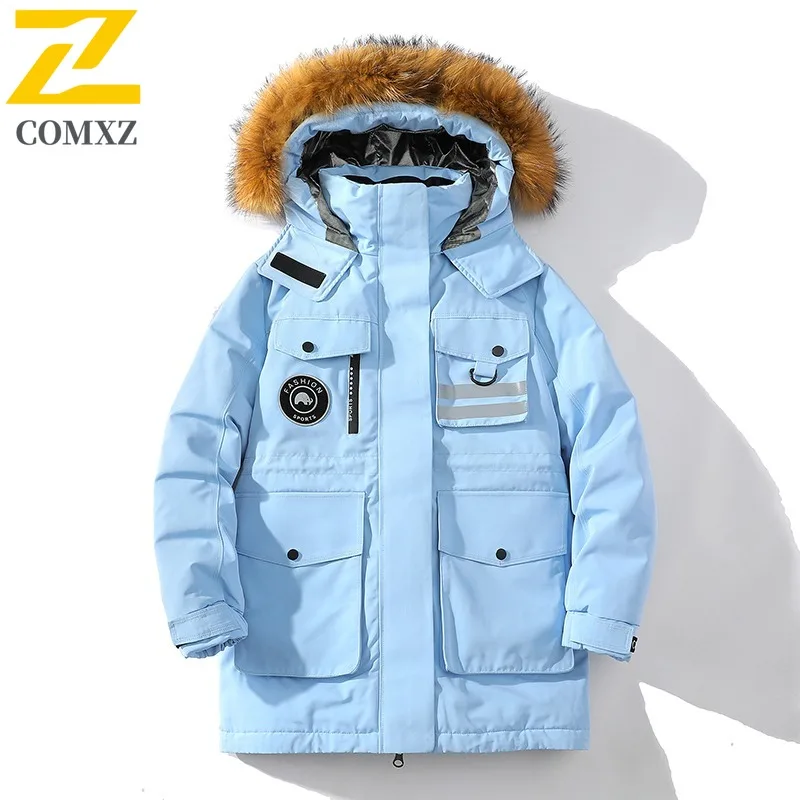 COMXZ Mens Puffer Coat Fur Collar Hooded Outdoor Camping Anti-Cold Parka Casual Street Style Windproof Warm Autumn Winter Coat