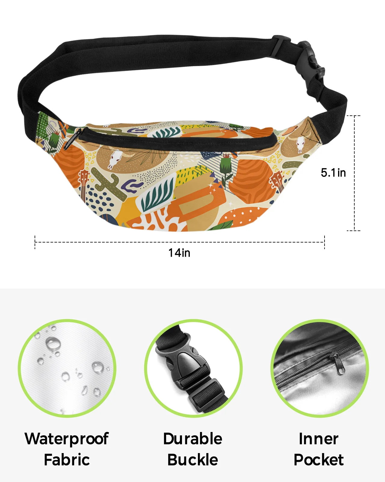 Cowboy Desert Cactus Guitar Bohemia Waist Packs for Women Waterproof Outdoor Sports Waist Bag Unisex Crossbody Shoulder Bag