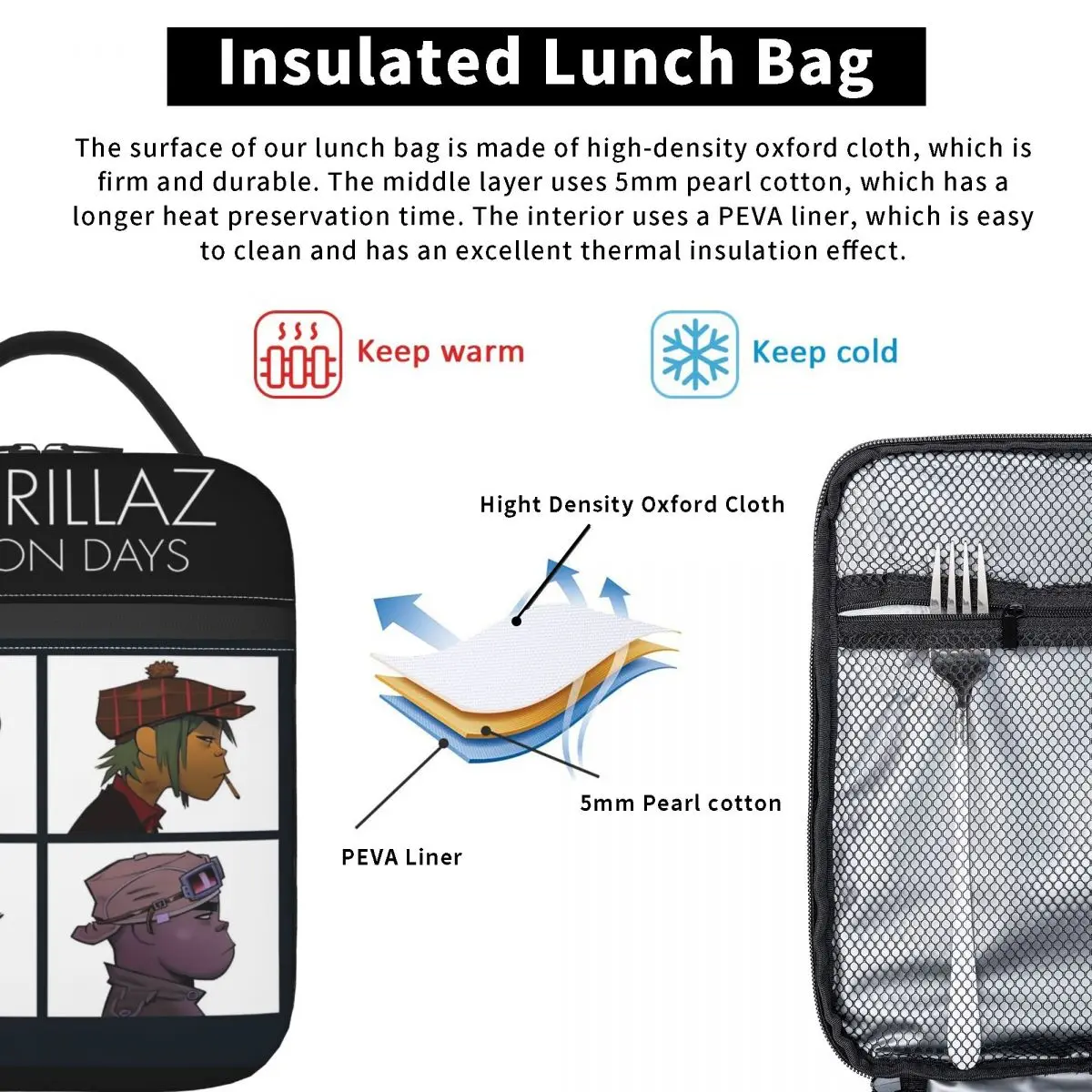 شيطان DAYZ الموسيقى الفرقة الغوريلاز الشرير الصخرة طباعة حقيبة الغداء نزهة علب الاغذية للطفل Kawaii طباعة أكياس الغداء الحرارية حقيبة للحفاظ على البرودة