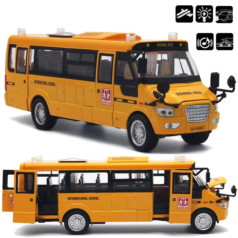 Children School Bus High Precision Alloy Model Diecast Metal Material Simulation Sound Light Pull Back Kid Gifts Hobby Collectio