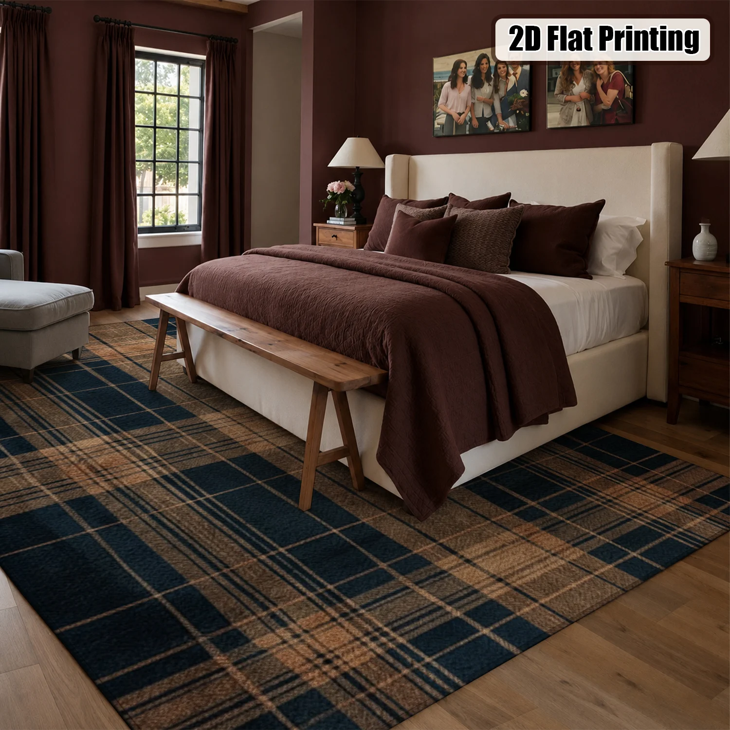 Large Indoor Area Rug, Soft Velvet Low Pile Non-slip Dotted Backing, Machine Washable Vintage Plaid Floor Rug for Living Room, Bedroom, Entryway – Navy & Tan Checkered Decor Rug - view 6