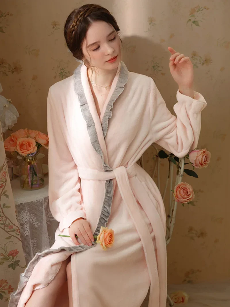 Pink Women Coral Velvet Pajamas Autumn Winter Long Sleeve Flannel Robe Dress Sweet French Vintage Princess Nightwear Sleepwear