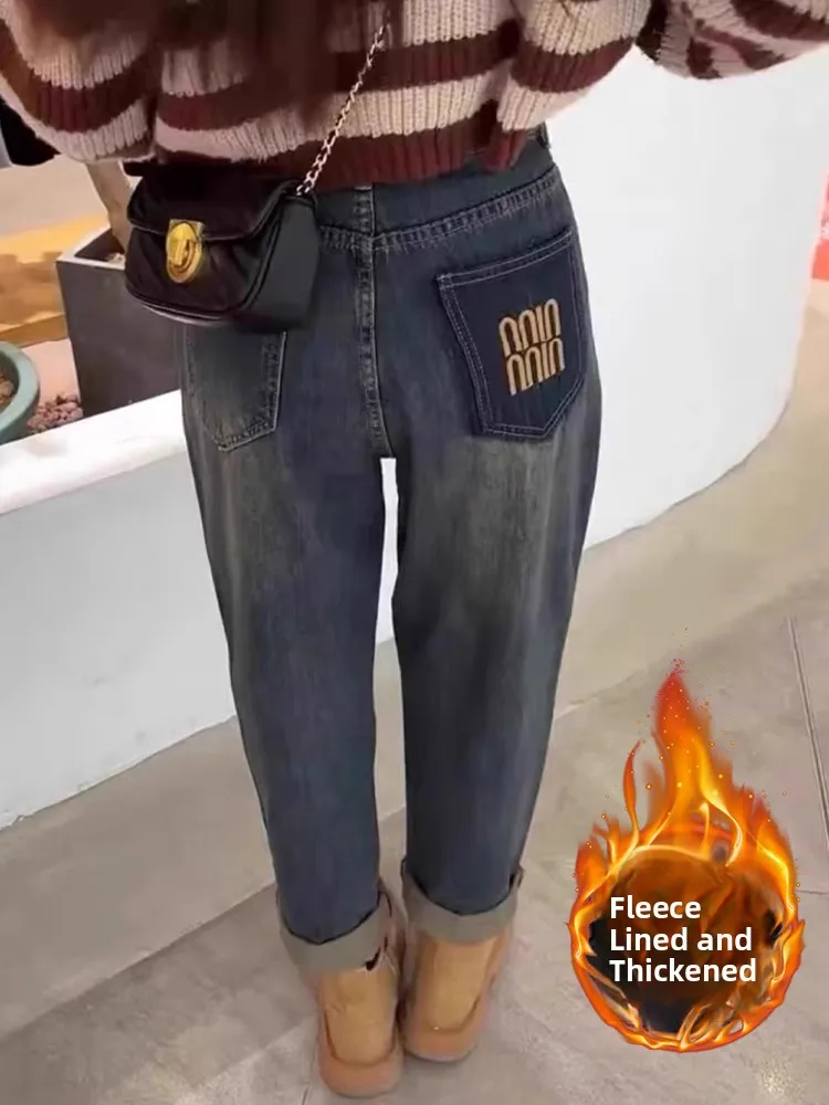 

Джинсы женские прямые с высокой талией, утепленные флисом, больших размеров, свободного кроя, в стиле Dad Harlan, зимние, новинка