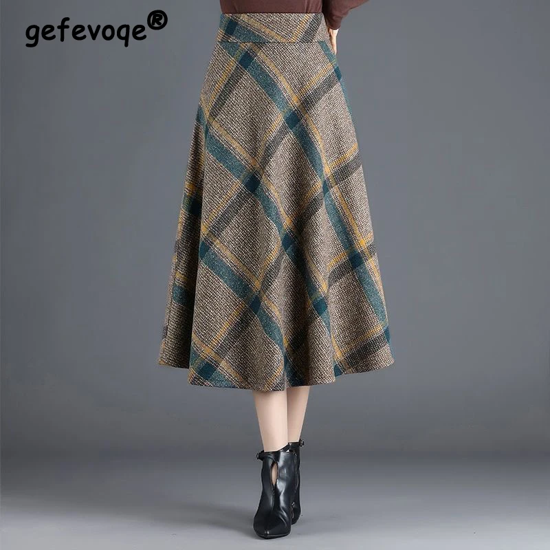 

Autumn Winter Women's Vintage Plaid Print Woolen Skirt Female Fashion Elegant High Waist A Line Midi Skirts Faldas Para Mujeres