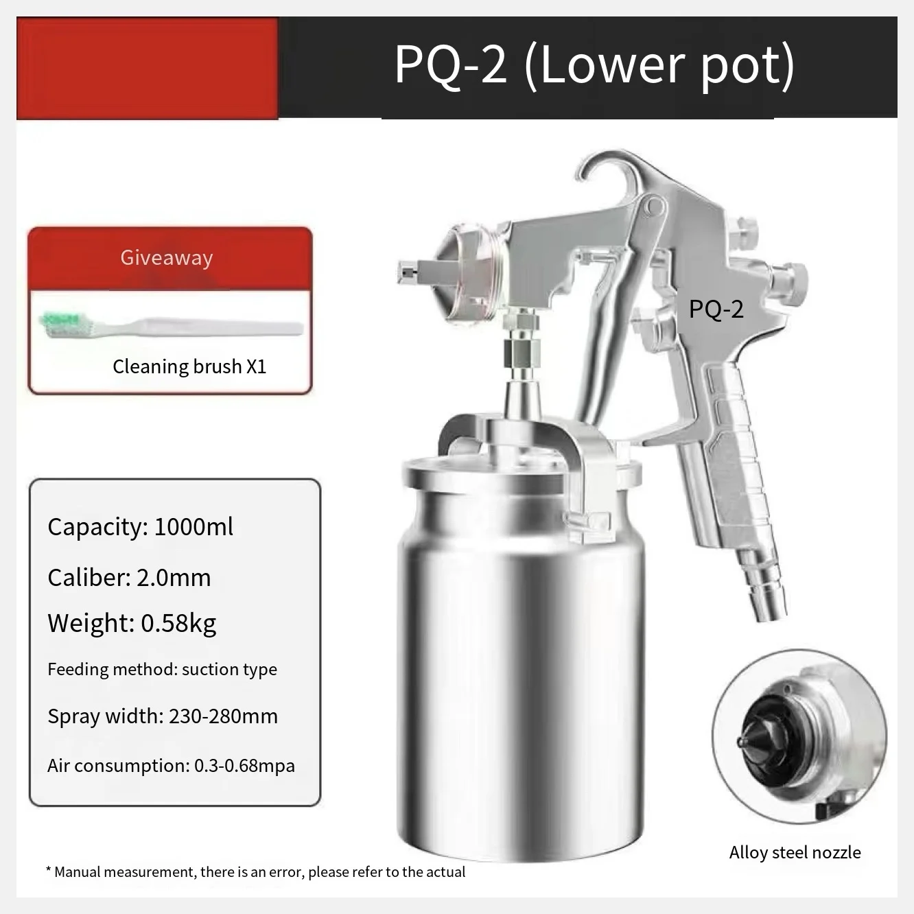 PQ-2 pistola de pulverização design ergonômico pintura eficiente pistola profissional 2.0 calibre bocal 1000cc capacidade copo, para diy professio