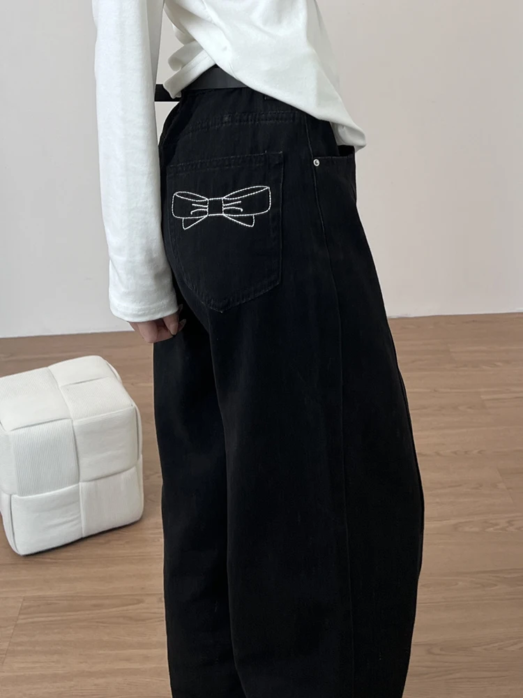 

plus Size Women's Bla Denim Pants with Embroidered Knot Loose Wide Leg Long Trousers for Autumn Winter Design Sense