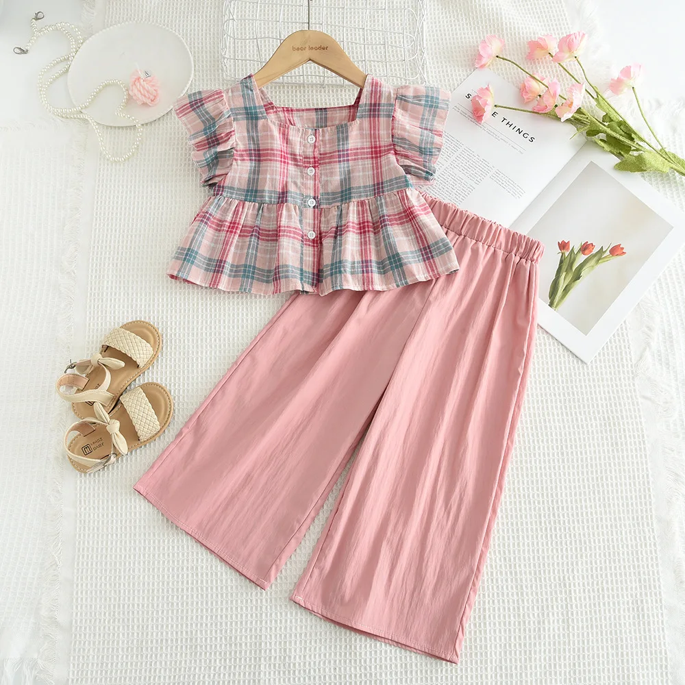 2026 Summer Girl Pink Checkered Short Sleeved Top+solid Wide Leg Pants Two-piece Set for Children's Casual Clothing