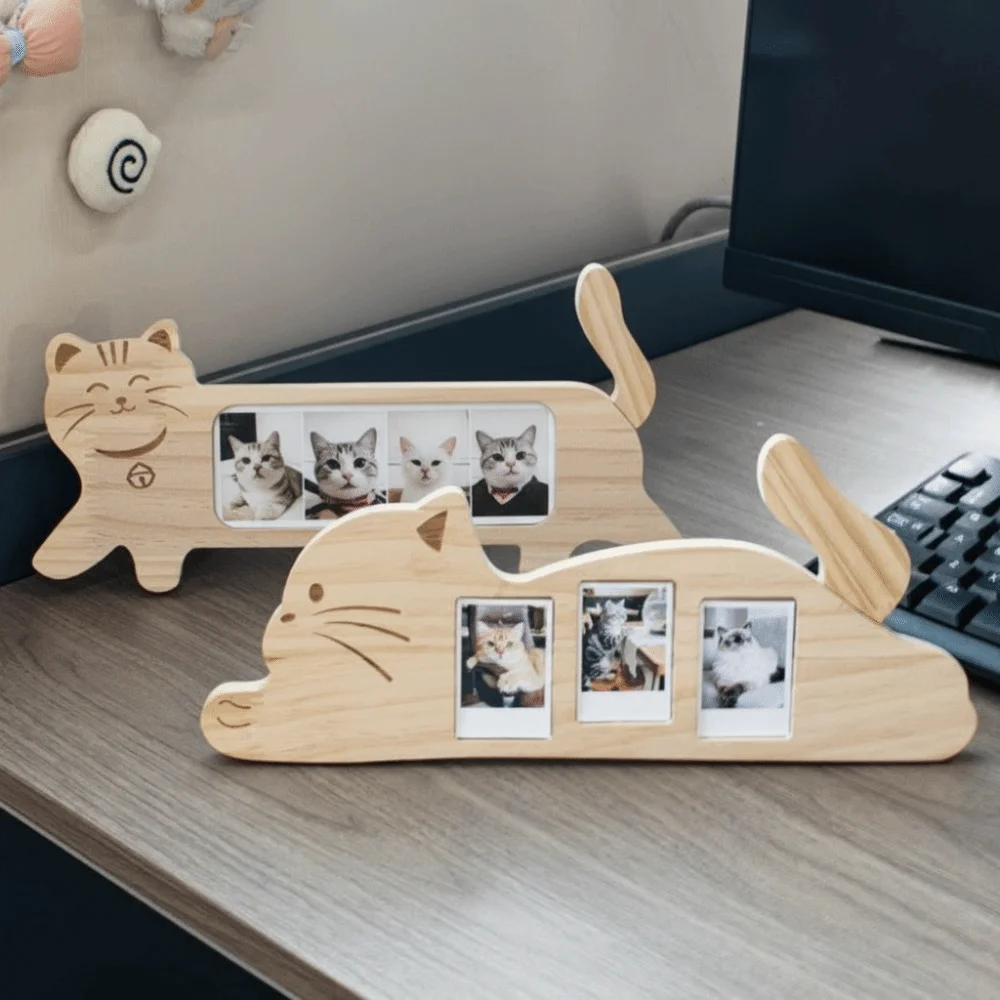 New Cat Shape Photo Frame Wooden Detachable Picture Frame Rotatable Tail Frame 3/4 Grids Pet Photo Album Home Decor