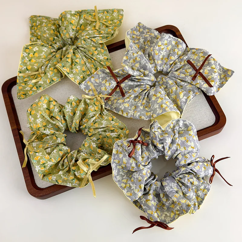 

Spring Blossom Double Sided Floral Scarf Scrunchies Korean Retro French Bow Hair Ties for Women Ponytail Bun Holder Daily