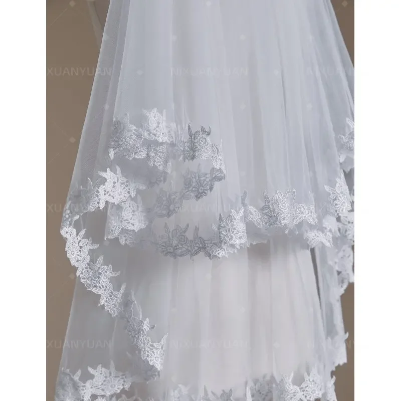 Velos De Novia Spitze Umrandete Zwei Schichten Kurze Hochzeit Schleier mit Kamm Weichen Tüll Hochzeit Zubehör Weiß Elfenbein Braut Schleier