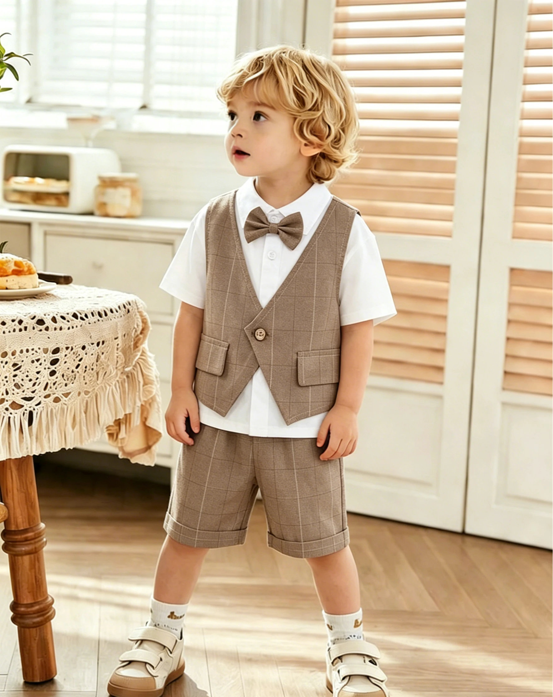 British Style Summer Children Checkered Patchwork Vest Gentleman Boys Two Piece Set Boys Banquet Clothing