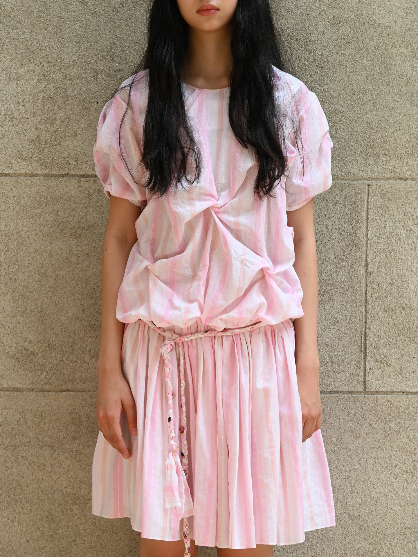 

Organic r Textured Cotton Pink Striped Princ Sle Loose Fit irt ort Sve Women's Faion Autumn 2025