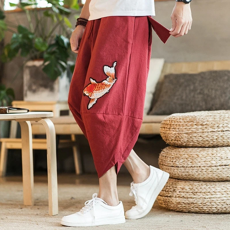 

Summer Men Carp Kimonos Japanese Style Harajuku Yukata Beam Feet Harem Pants Youth Casual Pants Asian Japan Print Male Costume