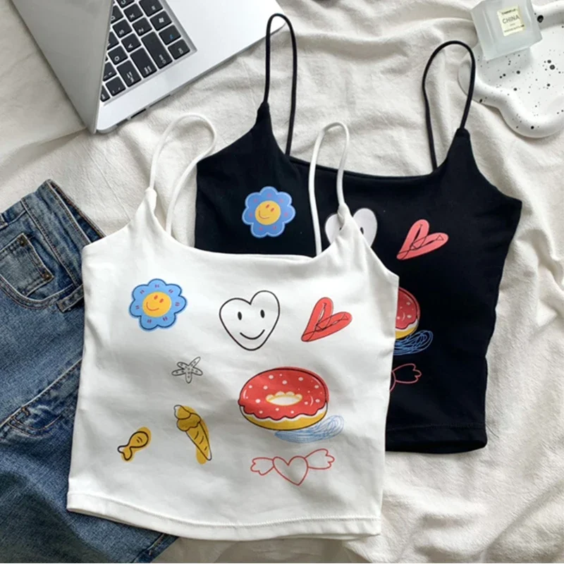 Fashion Cartoon Print Sleeveless Cropped Tops with Paded Sexy Basic Summer Casual Camisole Women Backless Y2k Vintage Tank Top