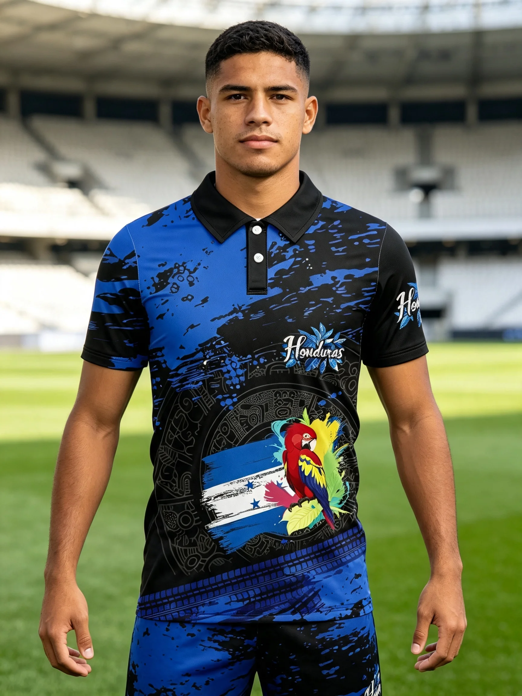 Stylish black‑blue splatter‑design Honduras short‑sleeve jersey, lightweight breathable material for all‑day comfort