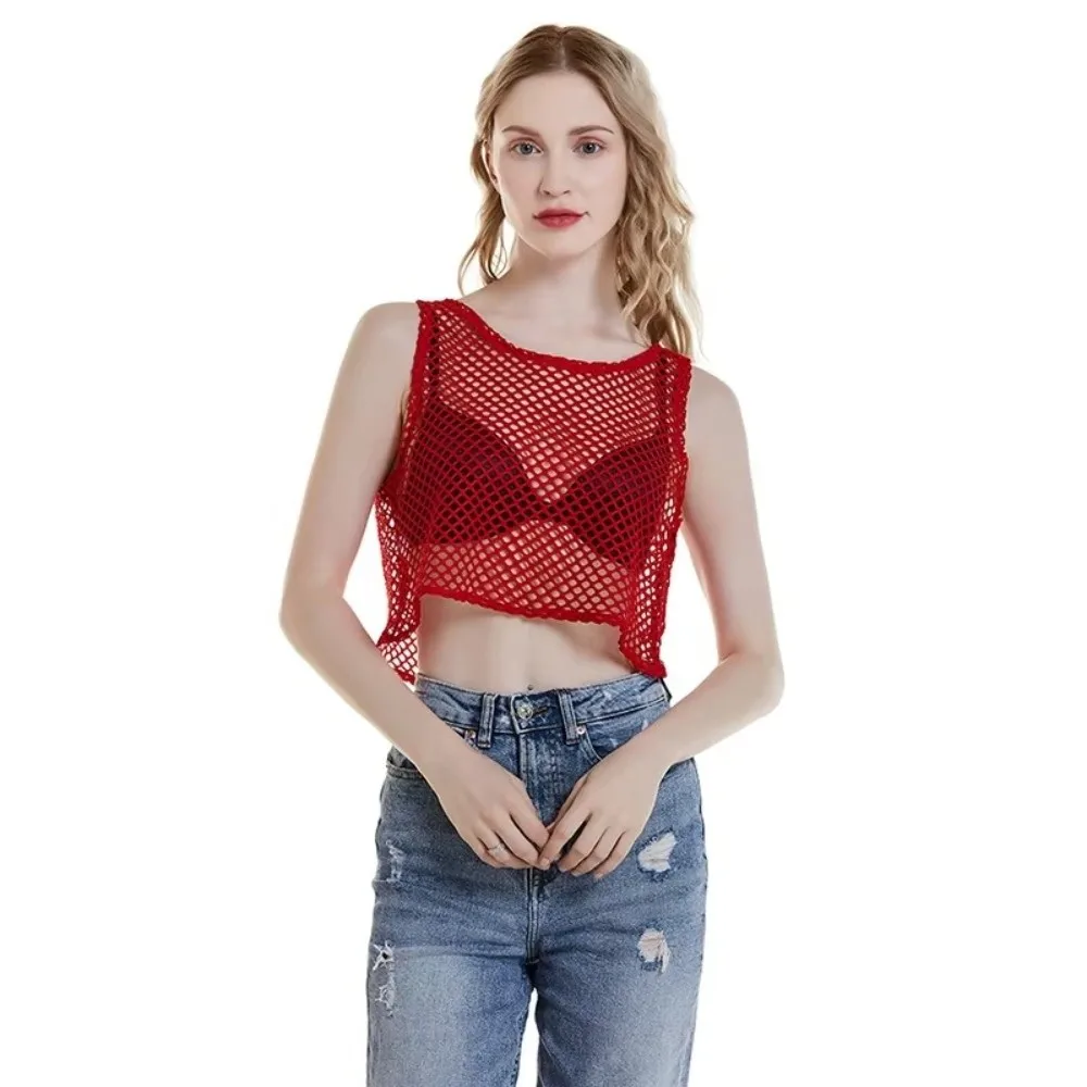 Sexy Style Hollow Out Top Short Vest Hollow Out Design Mesh T-shirt Loose Fit Mesh Fabric Fishnet Vest Female Fashion