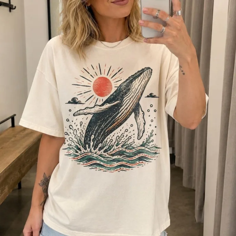 Retro Humpback Whale Natural Theme Printed Cotton T-shirt Classic Marine Wildlife Art Top Marine Biology Gift T-shirt