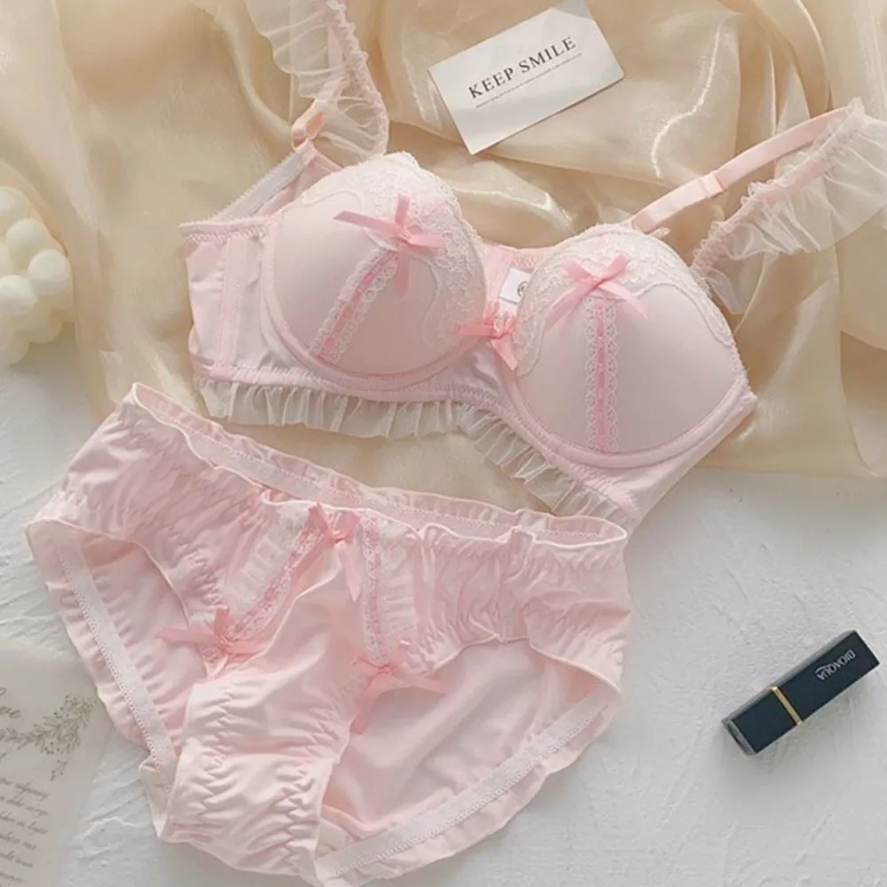 Girl candy colored bra set with no steel ring, small chest gathers underwear, cute and pure desire