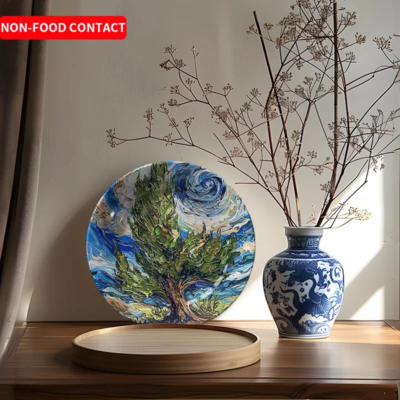 1pc Modern Minimalist Art Ceramic Decorative Plate - Hand-Painted Tree & Swirling Clouds Design, Non-Food Contact, Perfect for