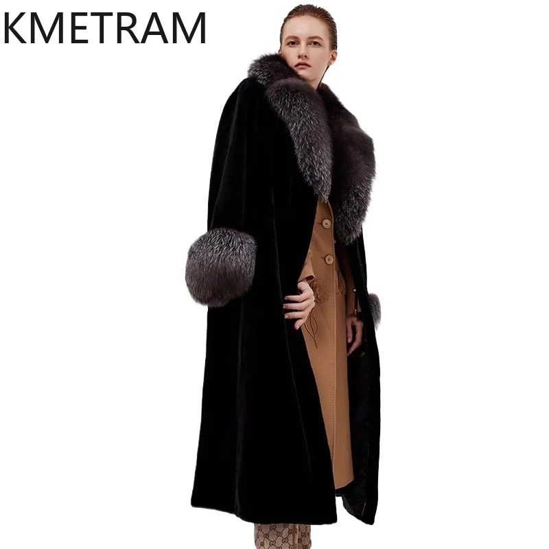 100% Natural Mink Fur Jacket Woman Black Long Real Fur Coat Sliver Fox Collar Winter Coats Women Clothing 2025 шуба женская