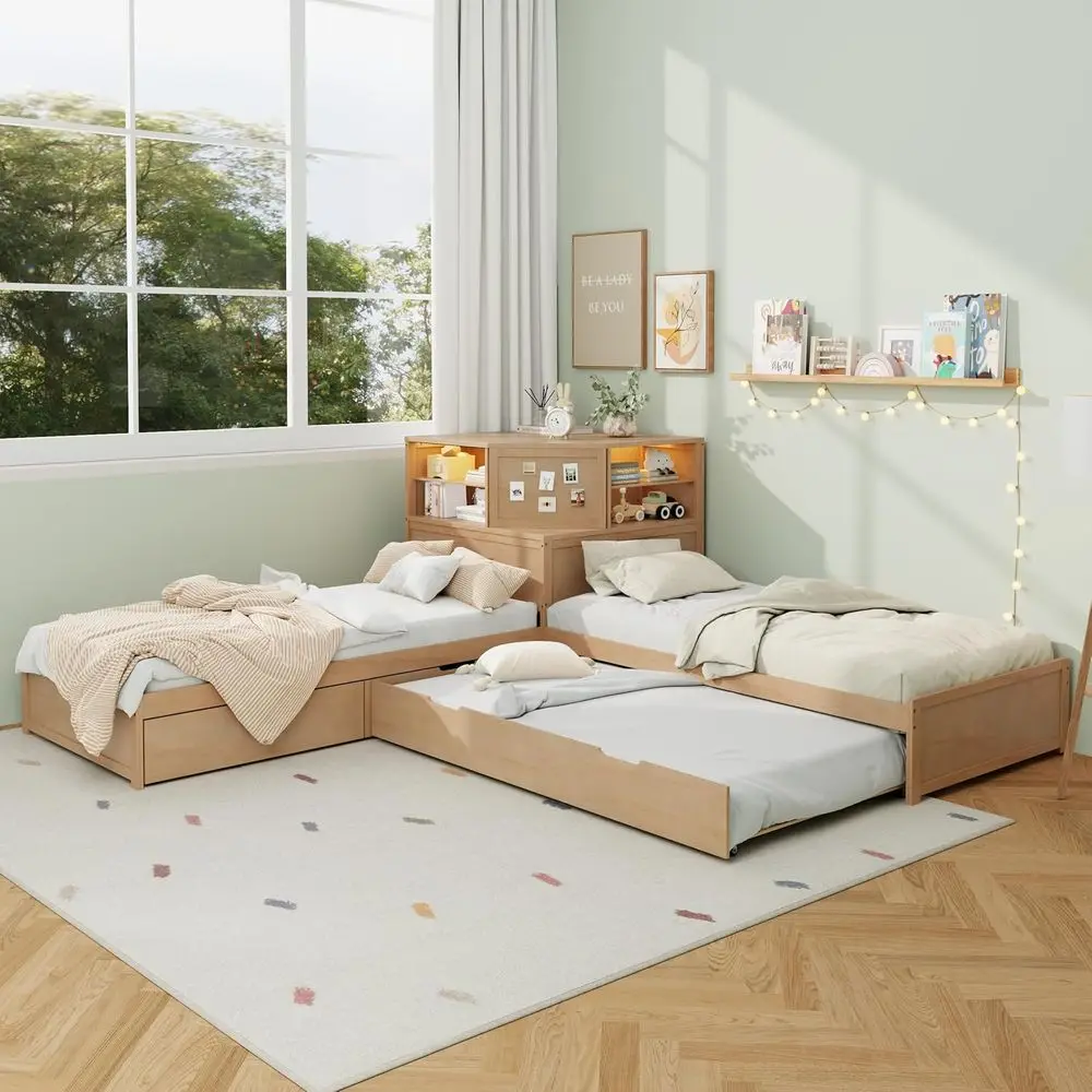 

L-Shaped Twin Bed Combo with Trundle and Storage, 3-in-1 Low Platform Bed with Desk and LED Lighting for Kids and Teens (Natural