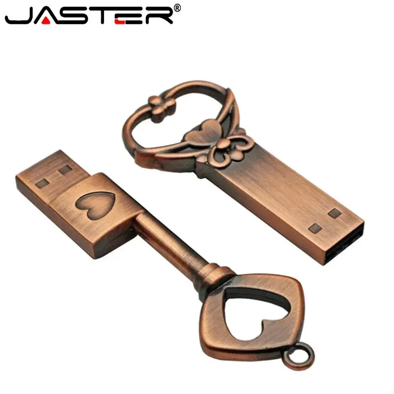 JASTER Copper Love Heart Shaped Key Usb Flash Drive Pendrive Pen Drive 32GB 64GB Metal Keys Memory Stick Creative Wedding Gift