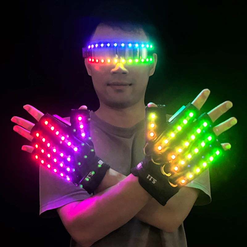 1Pair Rechargeable LED Glowing Gloves Glow Party Props Luminous Flashing Glove Stage Costume DJ Bar Supplies Color Changing