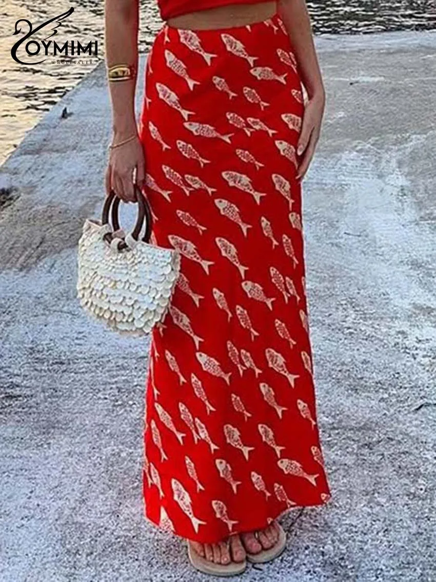 

Oymimi модные белые хлопковые юбки для женщин, элегантные юбки с высокой талией и принтом, осенняя прямая юбка до щиколотки, уличная одежда