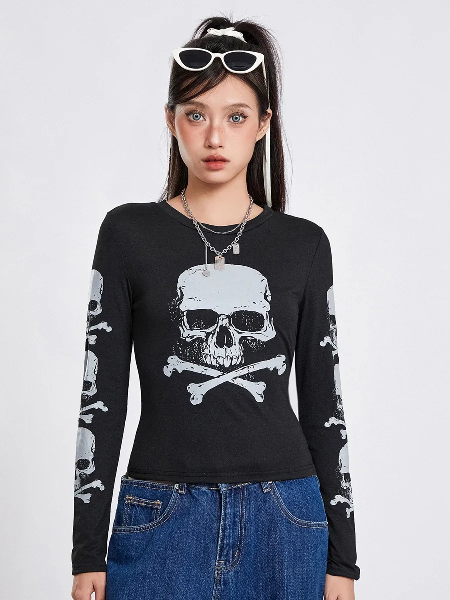 여성용 페어리 그런지 탑 스켈레톤 프린트 긴팔 슬림 핏 티셔츠, 빈티지 레이스 트림 크롭 티, Y2K 캐주얼 스트리트웨어, 할로윈