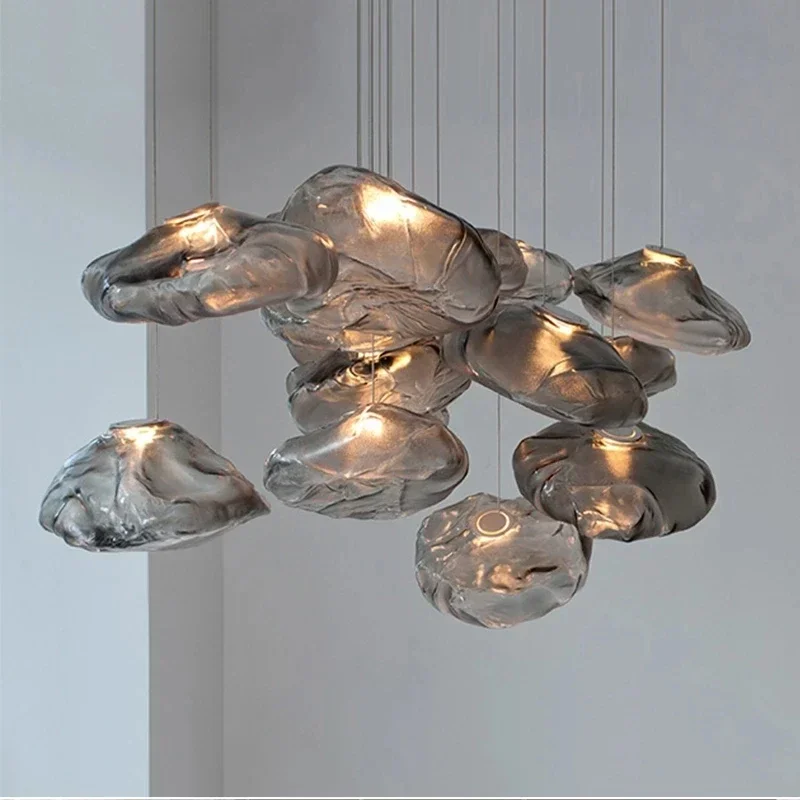 Nordic Designer Smoke Gray Cloud Glass Hanging Chandelier Hotel Living Room Art LED Pendant Lamp Staircase Decor Lights Fixtures
