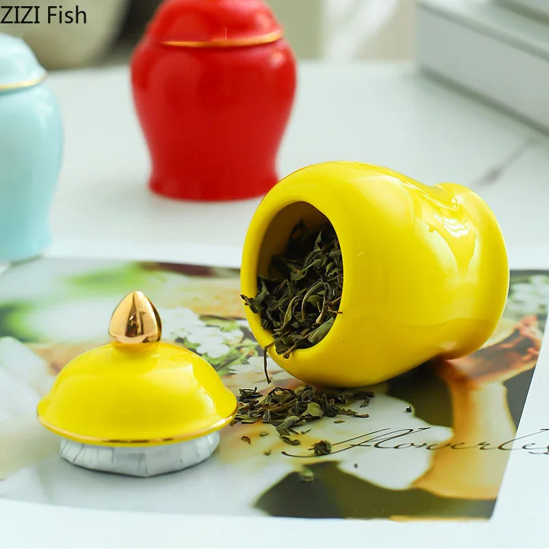 Gold Plated Tea Canister Sealed Ceramic General Jar Storage Jar with Lid Porcelain Desk Decoration Tea Cans Candy Pots Tea Caddy