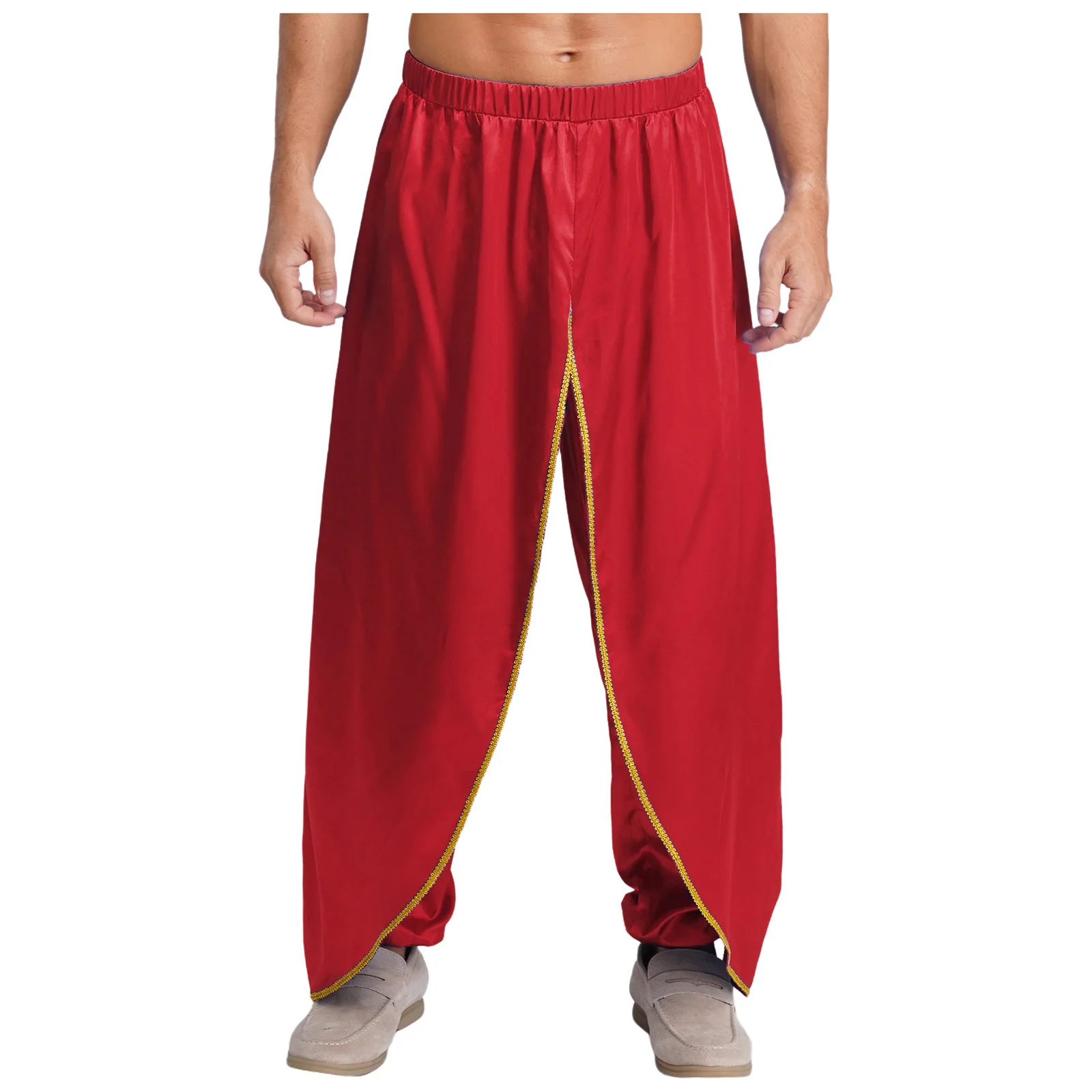 

Men Arab Satiny Baggy Pants Overlay with Gold Trim Harem Pants India Dhoti Palazzo Trousers for Halloween Cosplay Party Trousers
