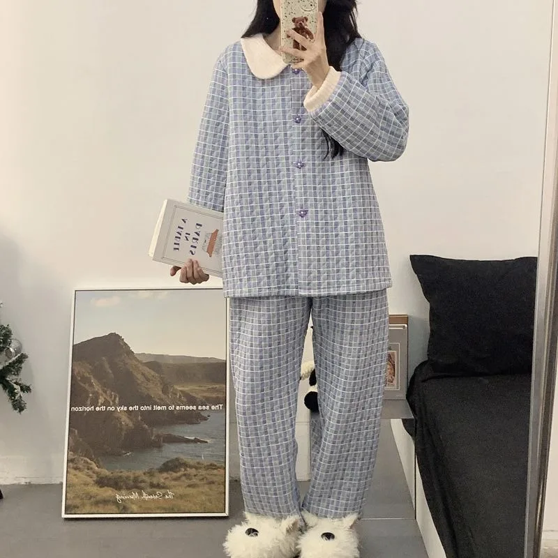 Sweet checkered pajamas women autumn winter thickened air cotton layer warm casual cotton-padded jacket large size home wear