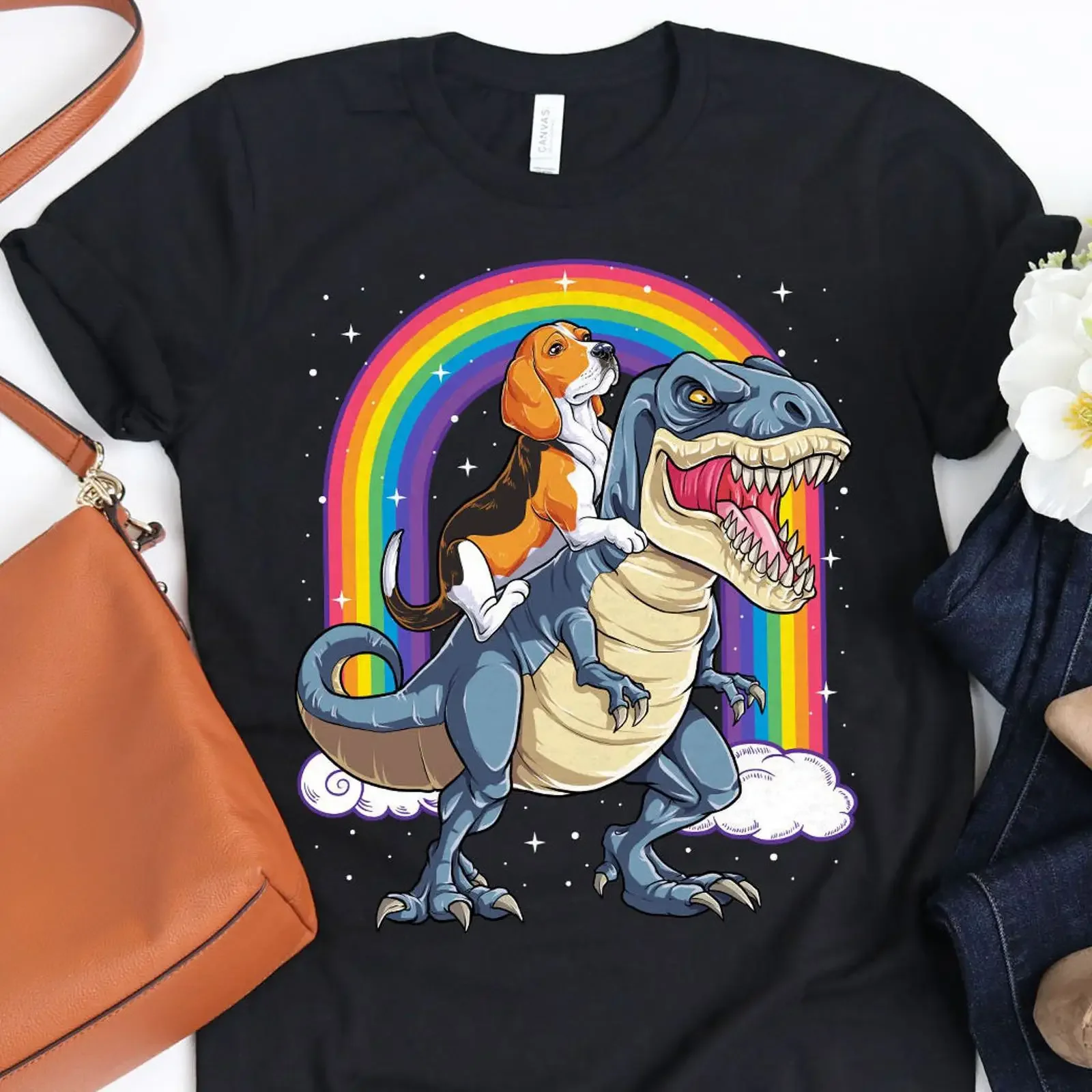 Cute Beagle Riding T Rex Dinosaur Rainbow Shirt Funny Dog Lover s Casual  vintage Washed Slightly graphic Top For Everyday Wear