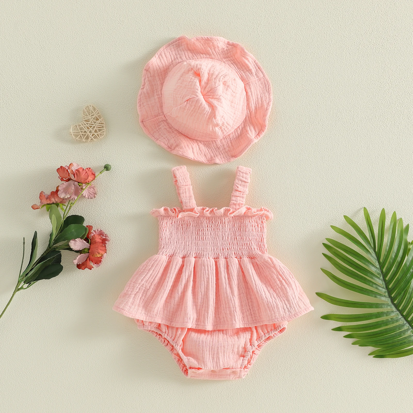 0-18M Infant Romper Baby Girl Cute Outfits Sleeveless Square Neck Smocked Romper Dress and Hat 2Pcs Sets Infant 2026