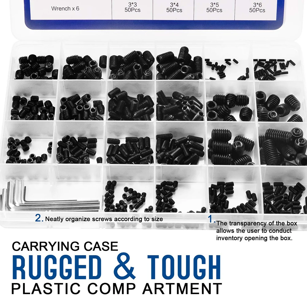 446/666/1084pcs Hex Drive Cup Point Screws Assortment Kit M2 M2.5 M3 M4 M5 M6 M8 Carbon Steel Grub Screws Hex Set Screws Set