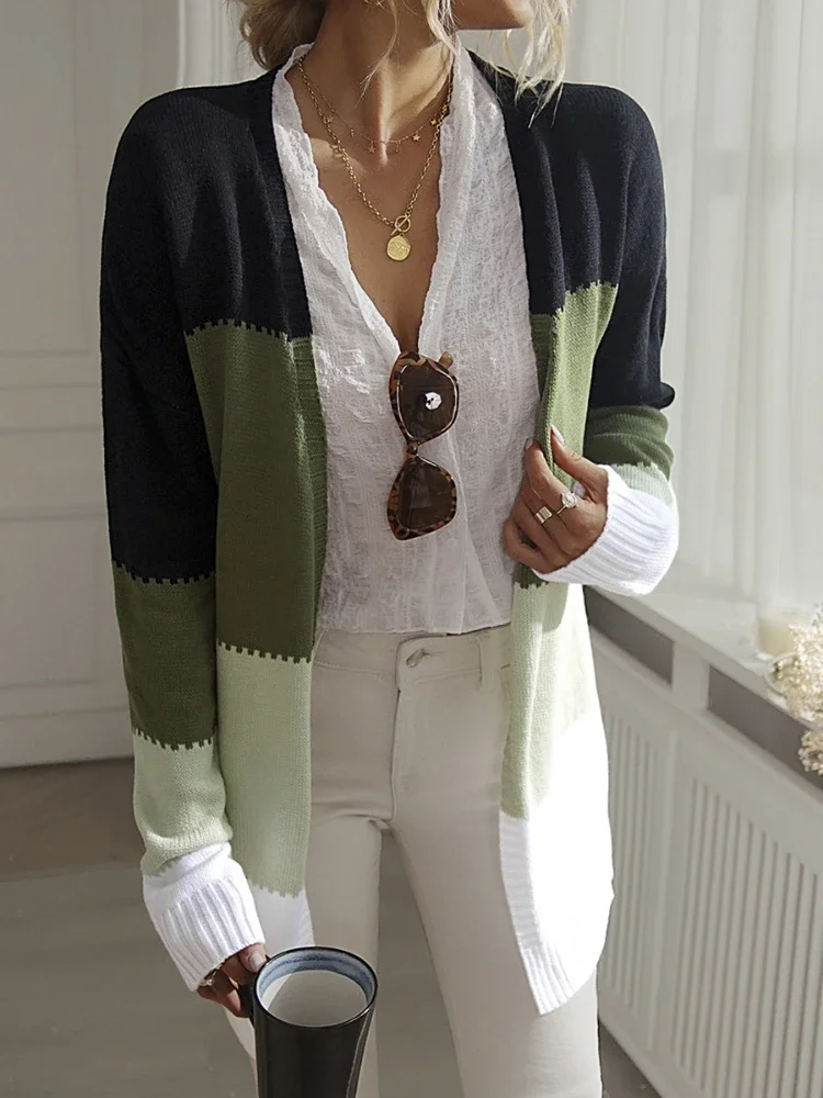 Knitted Splicing Casual Cardigan Autumn Long Coat Top Patchwork Cardigan Winter Women Sweater High Street Long Sleeve Sweater