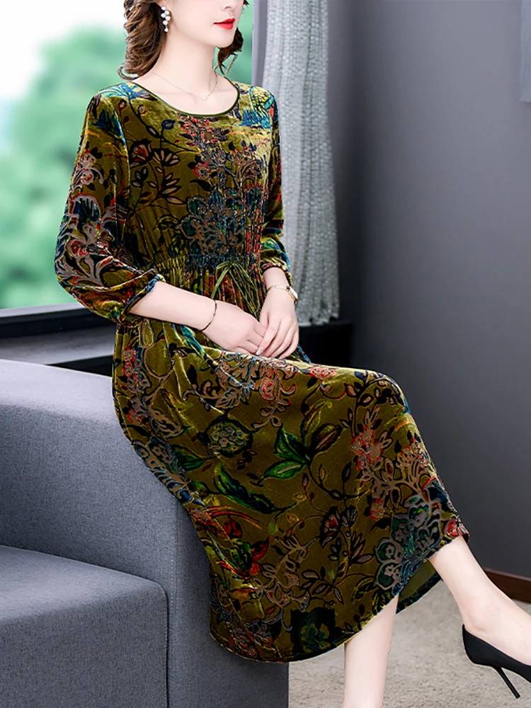 Fashion Floral Silk Velvet Female's Dress Autumn Winter Long Sleeve Loose Casual Vestidos 2025 Korean Vintage Elegant Prom Dress