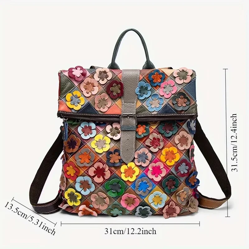 ​​Boho Floral Patchwork Backpack - Vintage Genuine Leather Daypack w/ 3D Embossed Flowers Romantic Backpack, Patchwork Retro