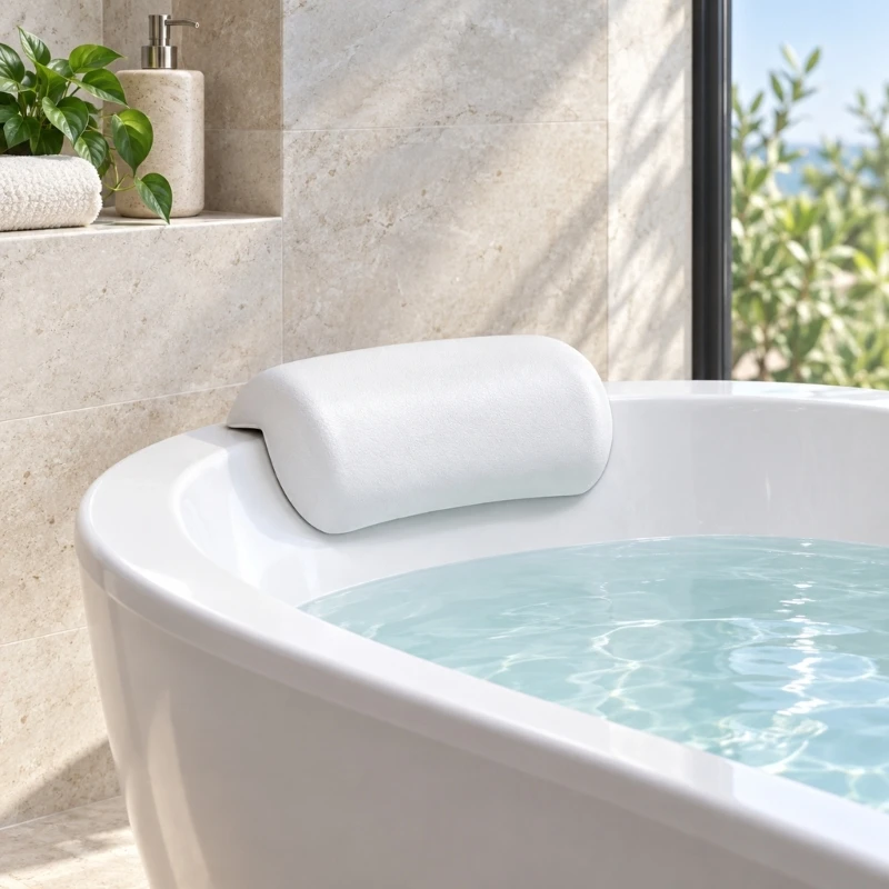 White Polyurethane Bath Pillow with Two Suction Cups and a Rounded Rectangular Profile That Creates a Place to Rest the 55KF