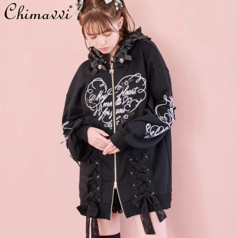 

Japanese Mine Series Mass-Produced Embroidered Bow Hooded Long Sweatshirt 2025 Autumn New Sweet Girl Women Loose Lolita Tops