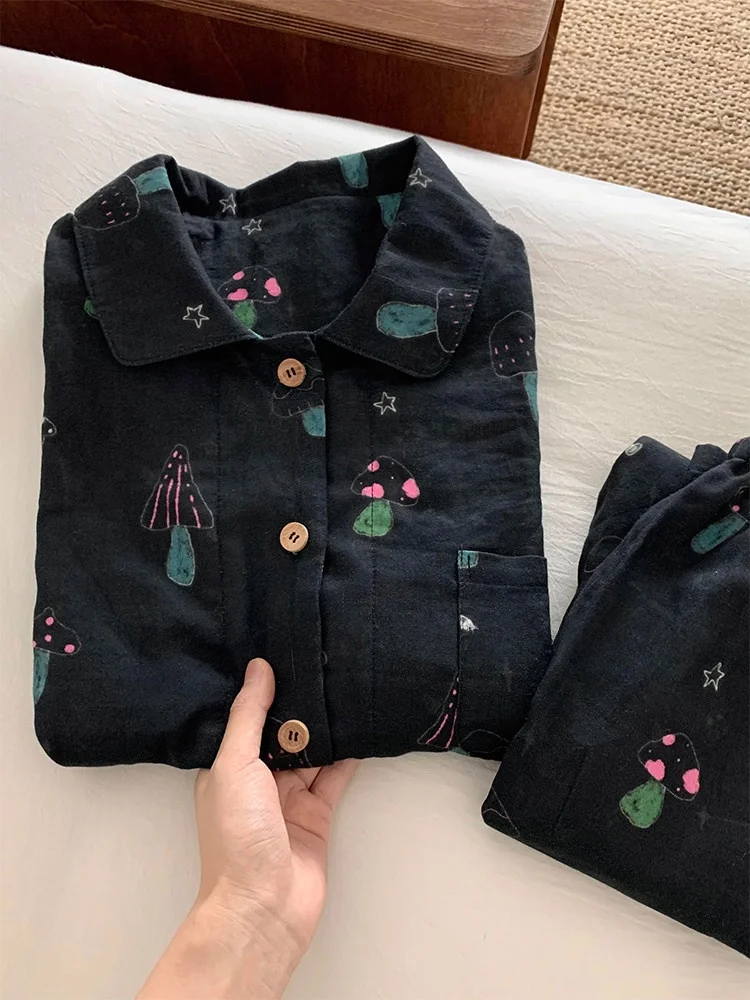 Cartoon Mushroom Print Sleepwear Couple Matching Long Sleeve Pure Cotton Home Clothes Set for Men And Women in Black Color