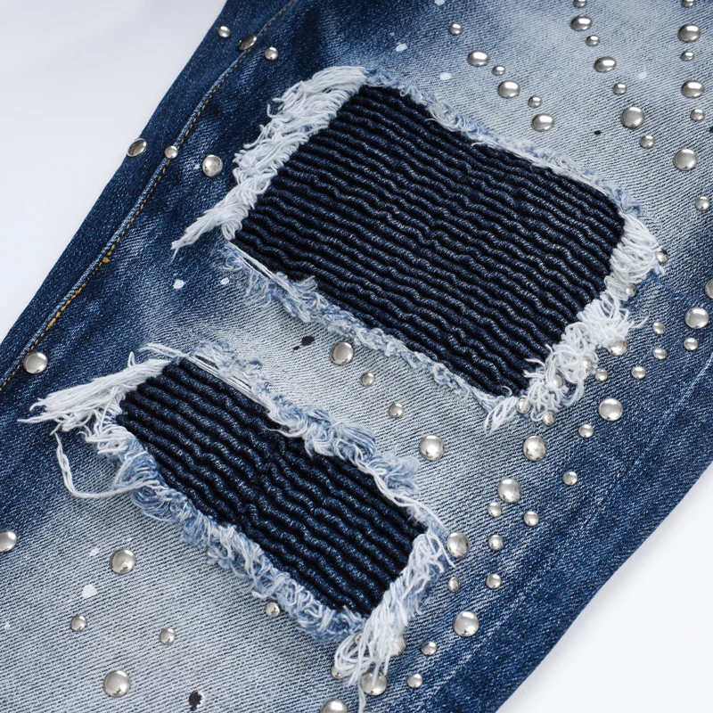 Men Dark‑Blue Multi‑Layer Ripped Skinny Jeans, Splash‑ink Washed Vintage Destroyed Denim Pants, Mid‑Waist Stretch Slim‑Fit Stree