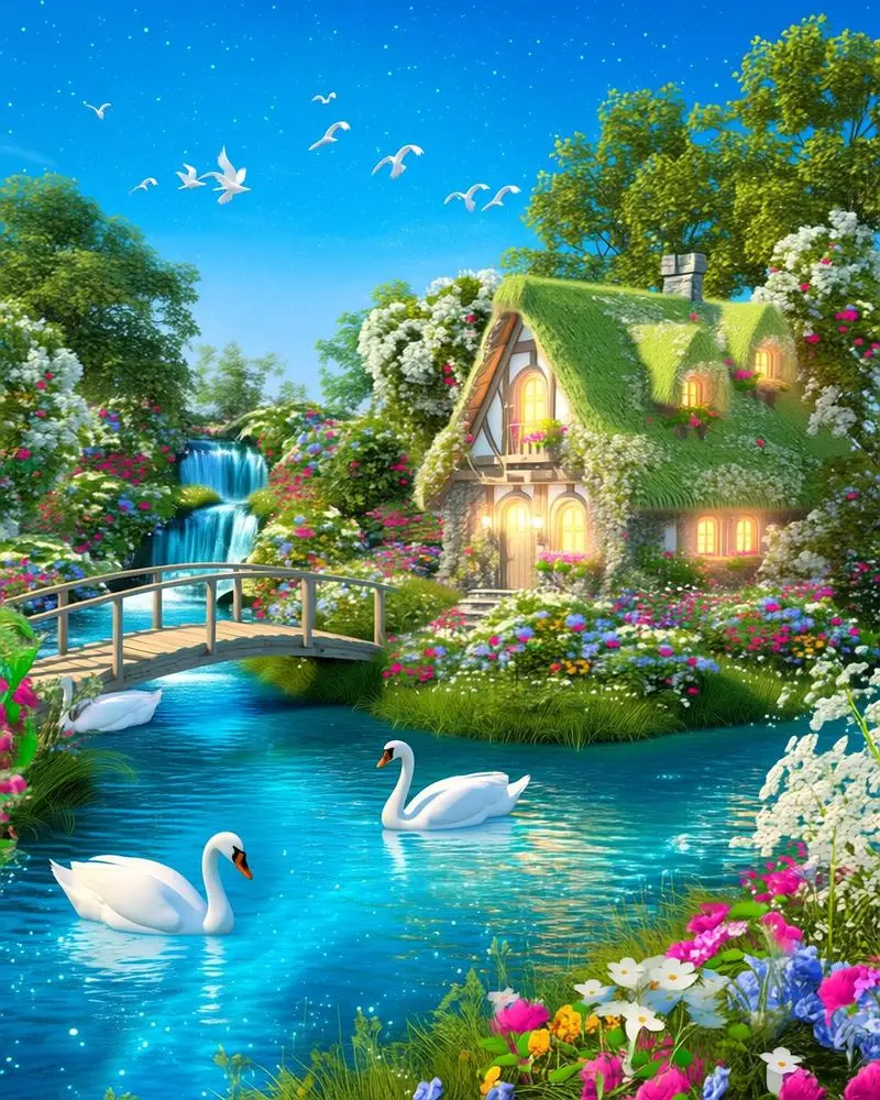 CHENISTORY Fantasy cottage with swans