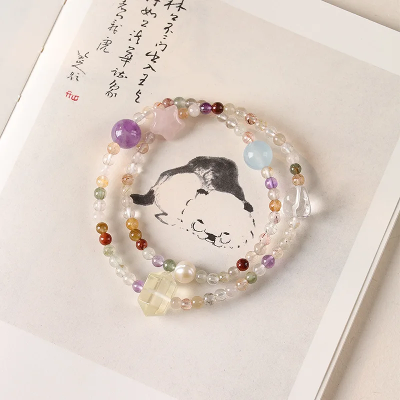 أساور كريستال Ins نقية وأنيقة بألوان قوس قزح، دائرة واحدة مزدوجة، سلسلة يد رائعة على شكل دائرة دقيقة للفتيات