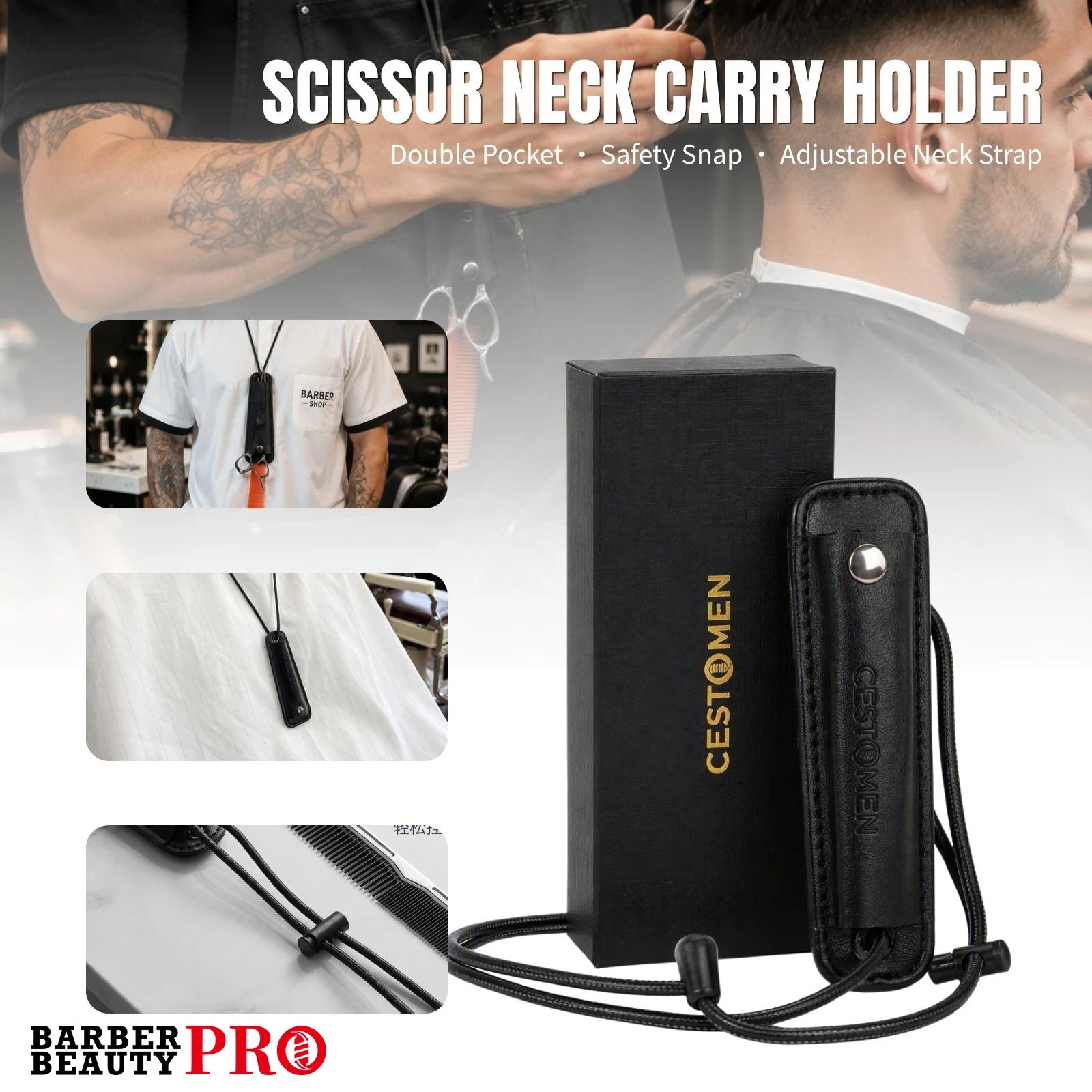PU Leather Barber Scissor Neck Holder Adjustable Neck Strap Scissor Pouch Magnetic Snap Barber Tool Storage Bag for Hairdresser