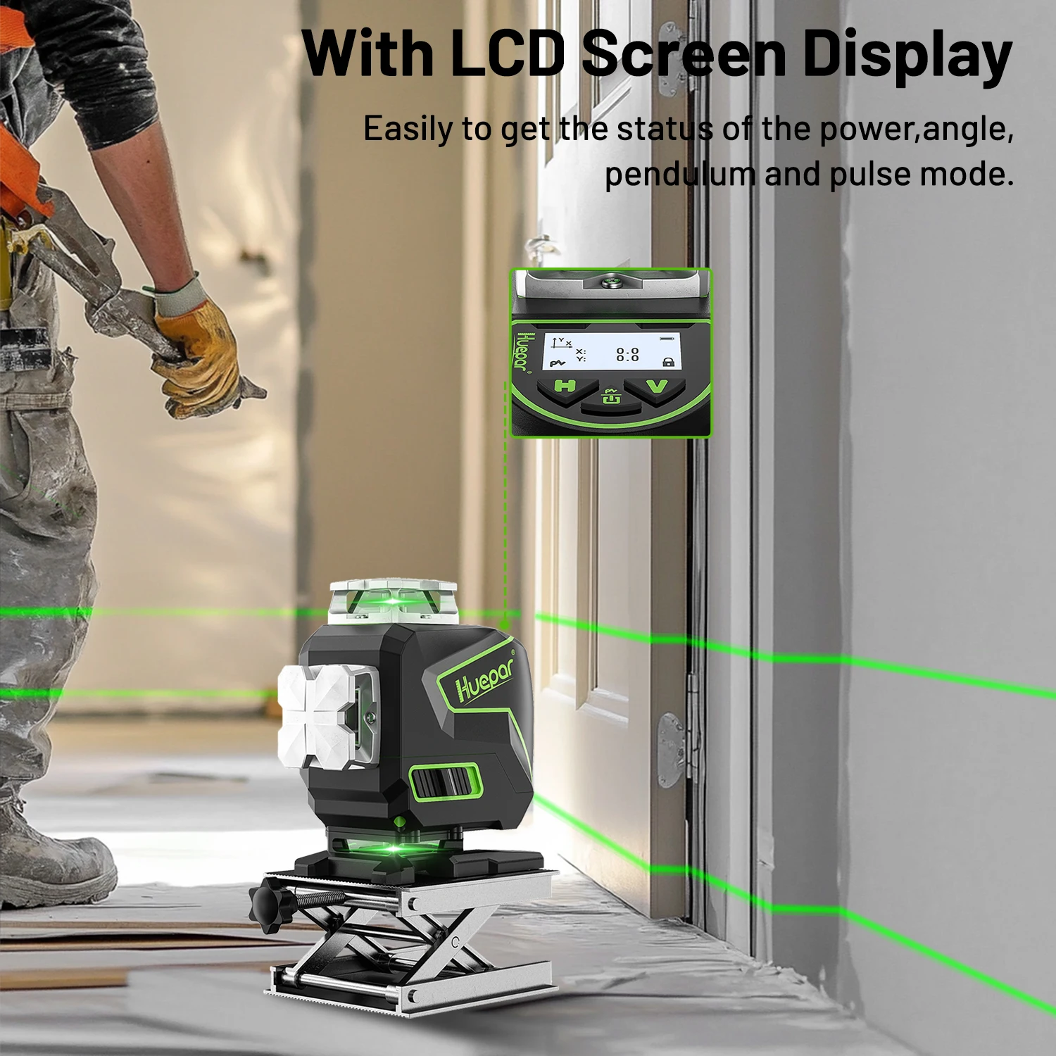 Huepar S04CG-C Livello laser verde 4D Strumenti laser a linee incrociate autolivellanti con rilevatore, display LCD, telecomando, Bluetooth e staffa