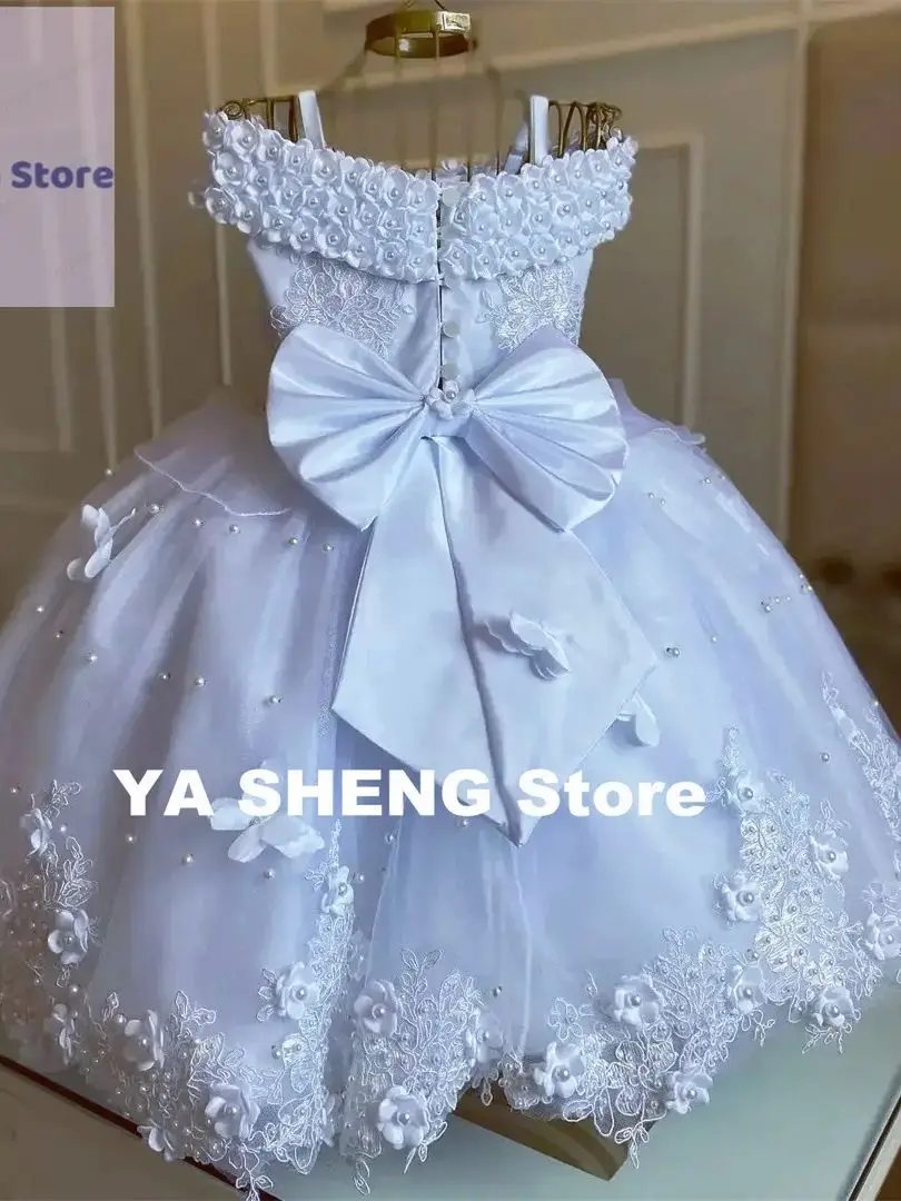 فستان بدون أكمام مع قوس للفتيات ، لؤلؤ أبيض ، فستان زهرة فتاة لحفل الزفاف ، فراشة ثلاثية الأبعاد ، حفلة عيد ميلاد ، فستان حفلة أميرة للكريسماس